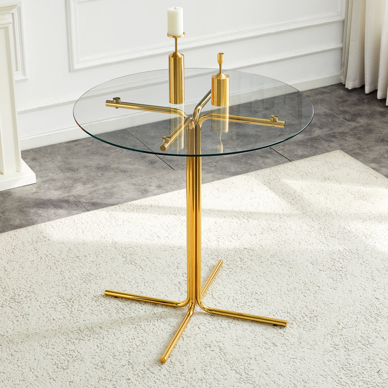 Table ronde haute en verre, table ronde de 36 pouces, plateau en verre trempé, support robuste à quatre colonnes plaqué chrome doré, convient aux tables rondes transparentes dans les petits espaces, les cuisines