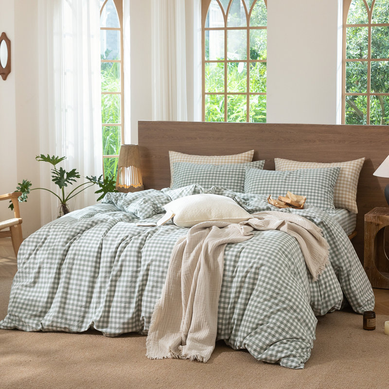 Ensemble de housse de couette 100% coton lavé MooMee Gingham, Vert sauge, Housse de couette double + 2 taies d'oreiller stan