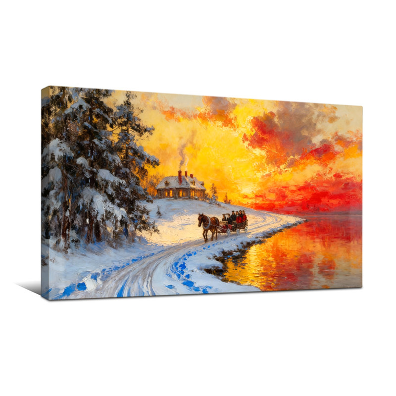 Noël, coucher de soleil, hiver, paysage enneigé, calèche, H 16 po x l 32 po