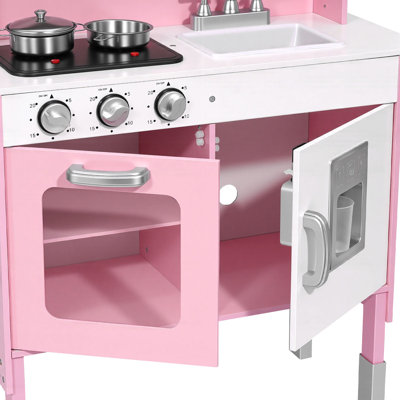 Cuisine de jeu pour enfants, en bois, ensemble de cuisine pour enfants avec lumières et sons réels, nourriture et batterie de cuisine, ensemble de jouets de jeu, micro-ondes, four, boutons cliquables, pour tout-petits, filles et garçons de 3 à 8 ans, rose