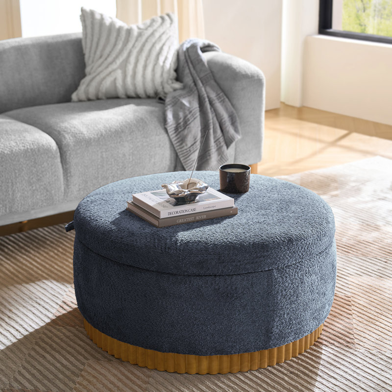 Lessman 35" W Solid Wood Round Ottoman with Flip Top Tray, Slate Blue