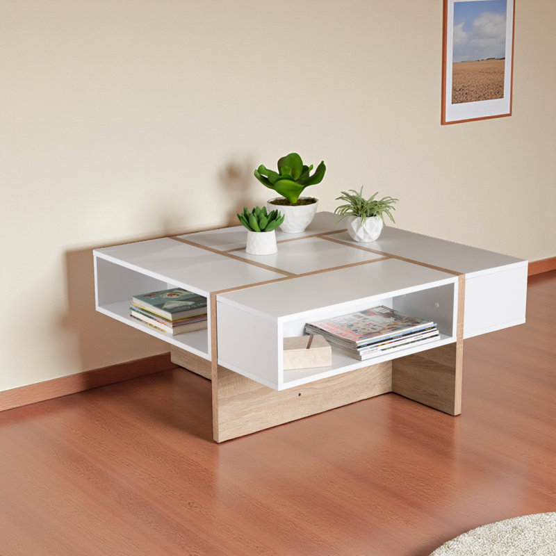 Isa 4-Shelves White & Brown Square Shape Coffee Table, 15.52" H X 34.2" W X 34.19" D