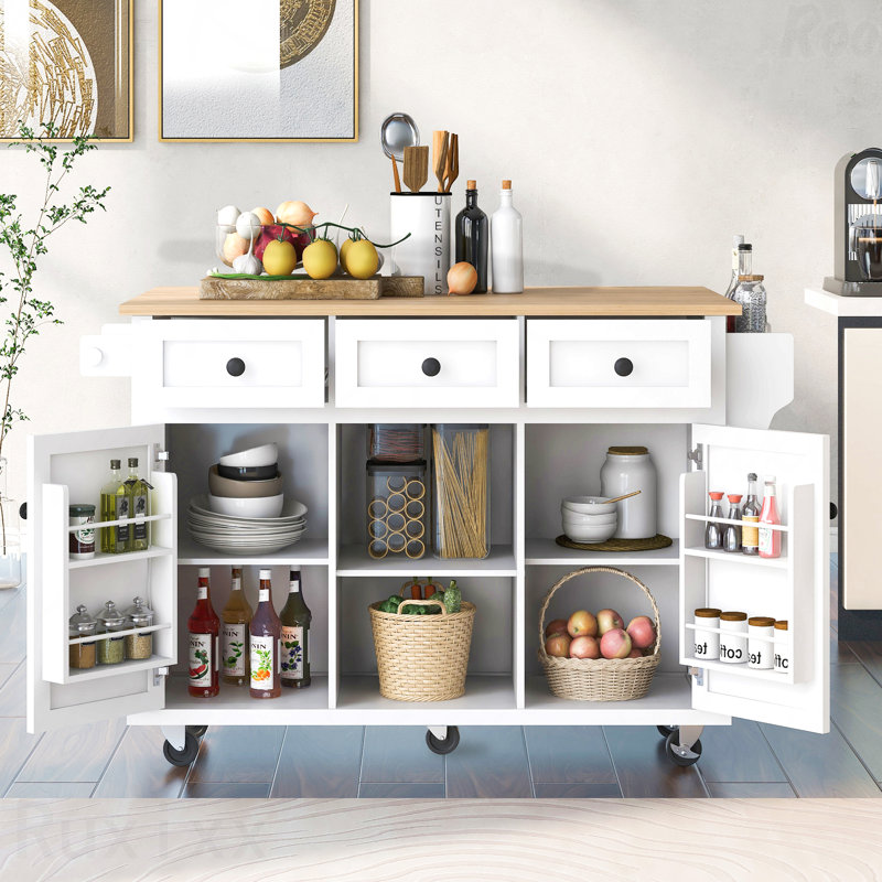 Kitchen Cart With Rubber Wood Drop-Leaf Countertop ,Cabinet Door Internal Storage Racks,Kitchen Island On 5 Wheels With Storage Cabinet And 3 Drawers For Dinning Room