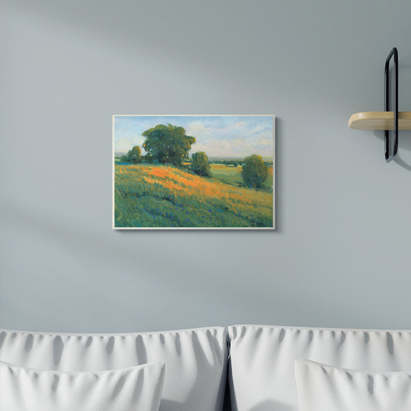 «Green Rolling Hills Blue Poppy Fields Paysages» par Tim Ottoole - Peinture, H 13 po x l 19 po, Plaque murale