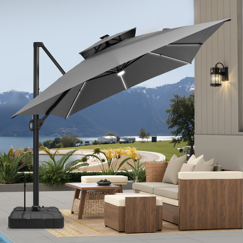 Parasol extérieur rectangulaire en porte-à-faux à DEL 153 "x 116" avec base lestée, Gris foncé