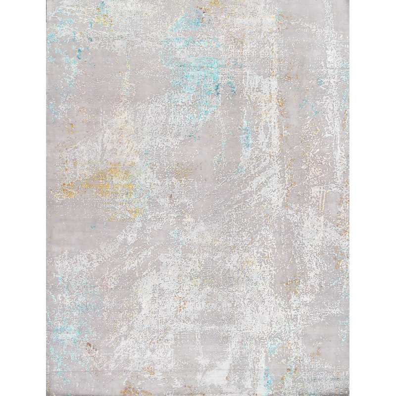Tapis beige / bleu / rose en laine / soie à motif abstrait Abstract, Rectangle 10 pi 3 po x 14 pi 3 po