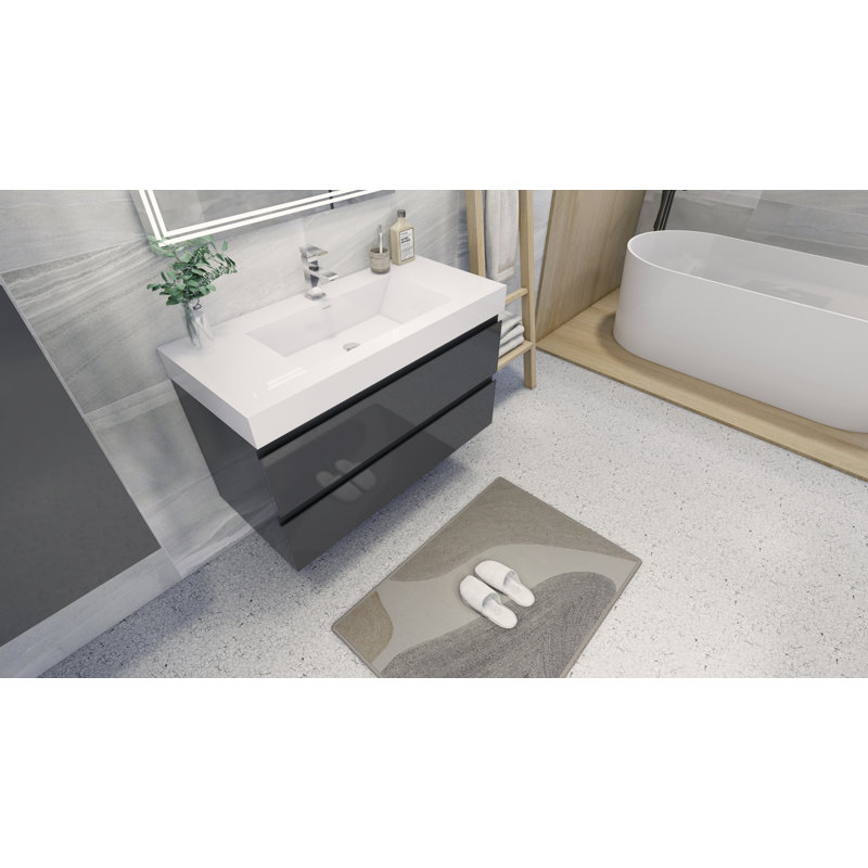 Meuble-lavabo mural simple de 42 po Carnetta, Gris à haute brillance