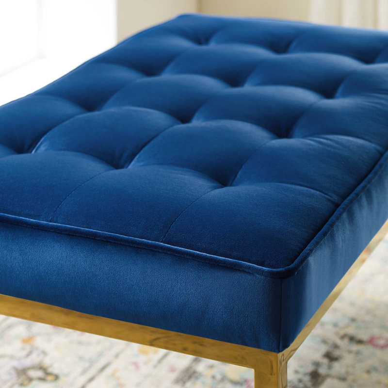 Banc en cuir capitonné Loft, Bleu marine/doré, H 17,5 po x l 34 po x P 20 po