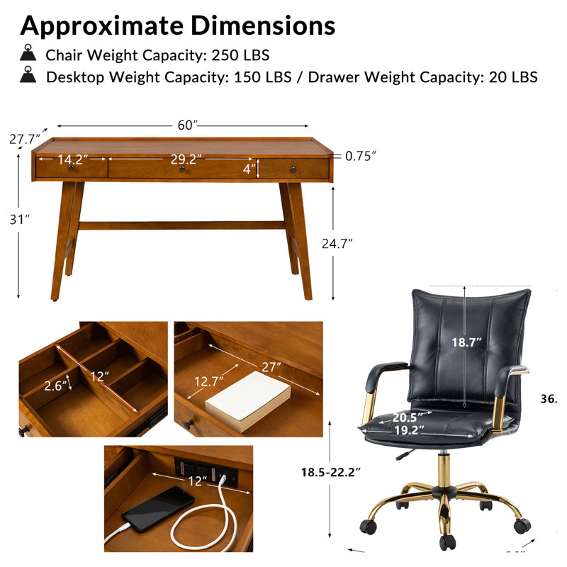 Ensemble de bureau de bureau moderne en similicuir 2 pièces Lundgren, Marine