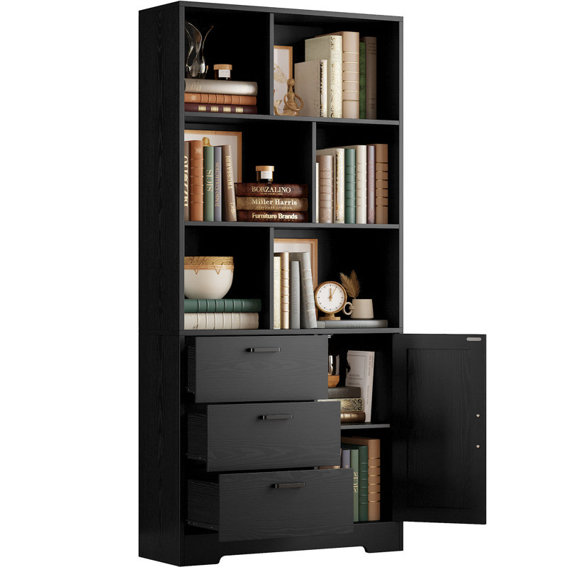 Bibliothèque de rangement standard H 70,9 "x l 31,3", bibliothèque moderne en bois avec 2 tiroirs, bibliothèque avec portes, armoire de rangement, étagère à 3 niveaux pour le bureau personnel, le salon, la cuisine