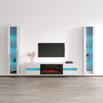 Brezae 103.6" Modern Entertainment Center with Electric Fireplace, High Gloss Finish, Wall-Mounted
