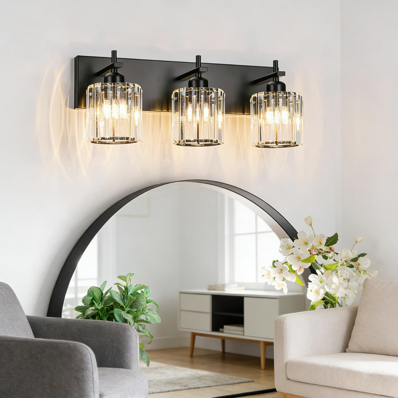 Luminaire de salle de bain moderne en cristal noir avec abat-jour rond, éclairage mural à intensité variable à 3 lumières pour miroirs
