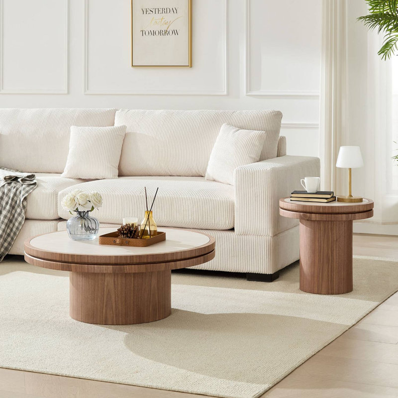 MDF Round Coffee Table Set Of 2, Walnut