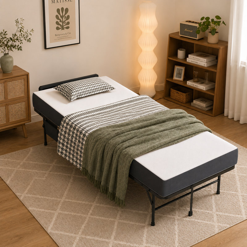 Extra-Long Portable Folding Single Bed — Features an Adjustable Headrest and Memory Foam Mattress; Equipped with Wheels for Easy Assembly, Storage, and Space-Saving Convenience.