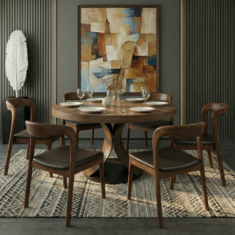 Mid-Century Solid Wood Round Yairi Kitchen Room For 2-8 People(1 Table With 2/4/6 Chairs), 7, 29.52"H x 59.05"L x 59.05"W