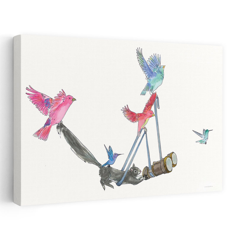 Oiseau qui regarde un oiseau abstrait, fantaisiste, contemporain, écureuil, forêt printanière, art, H 16 po x l 24 po