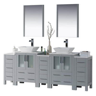 Mance 84.88 " W Freestanding Standard 2 Double Vanity Bathroom Vanity With Ceramic Top with Mirror