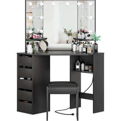 Corner Vanity with LED Lighted Mirror, Vanity Desk with Mirror and Chair, Makeup Vanity with Power Strip, 5 Drawers, Vanity Chair, Dressing Table with by Latitude Run