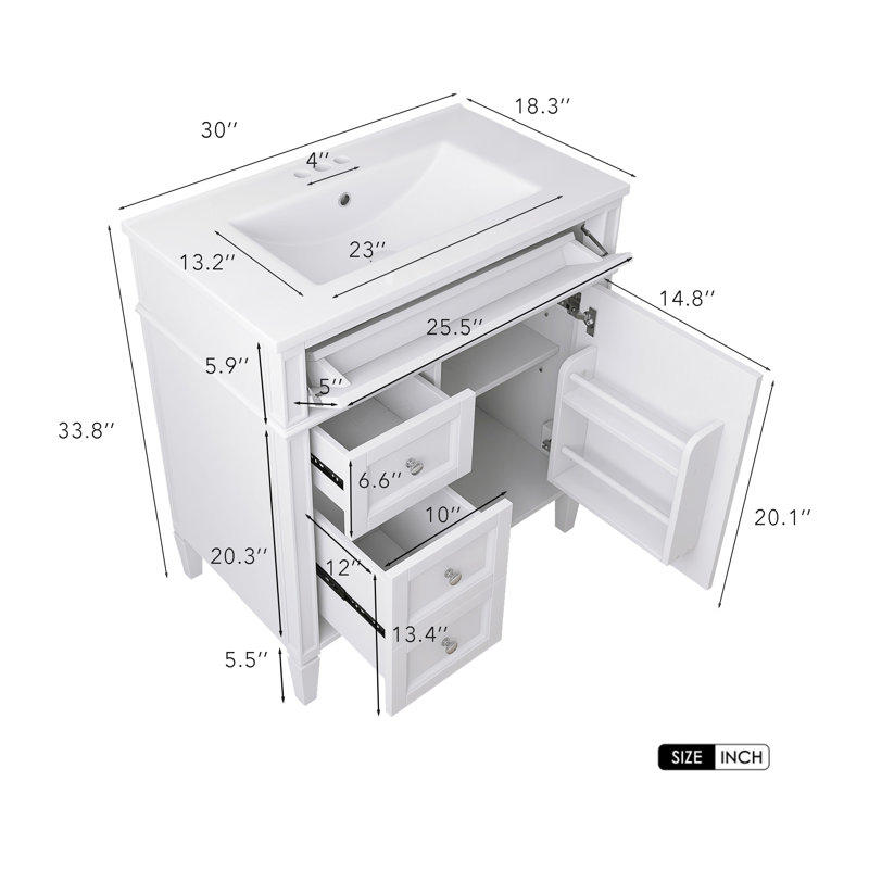 30" Freestanding Single Bathroom Vanity with Ceramic Top, White, Silver