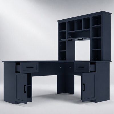 Bureau d'ordinateur en forme de L avec 2 armoires, 2 tiroirs, 11 tablettes ouvertes et une tablette rabattable à droite, incluant une prise électrique pour le bureau, le salon ou la pièce à vivre.