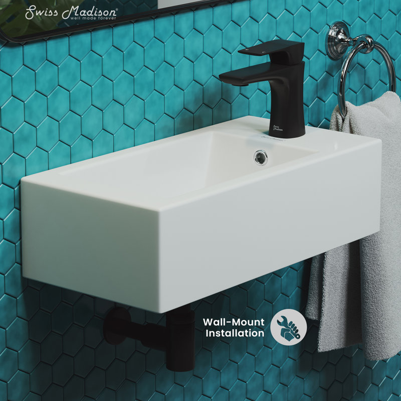 Voltaire 19.5 x 10 Rectangular Ceramic Wall Hung Sink with Right Side Faucet Mount, Glossy White, Right Side Faucet Mount