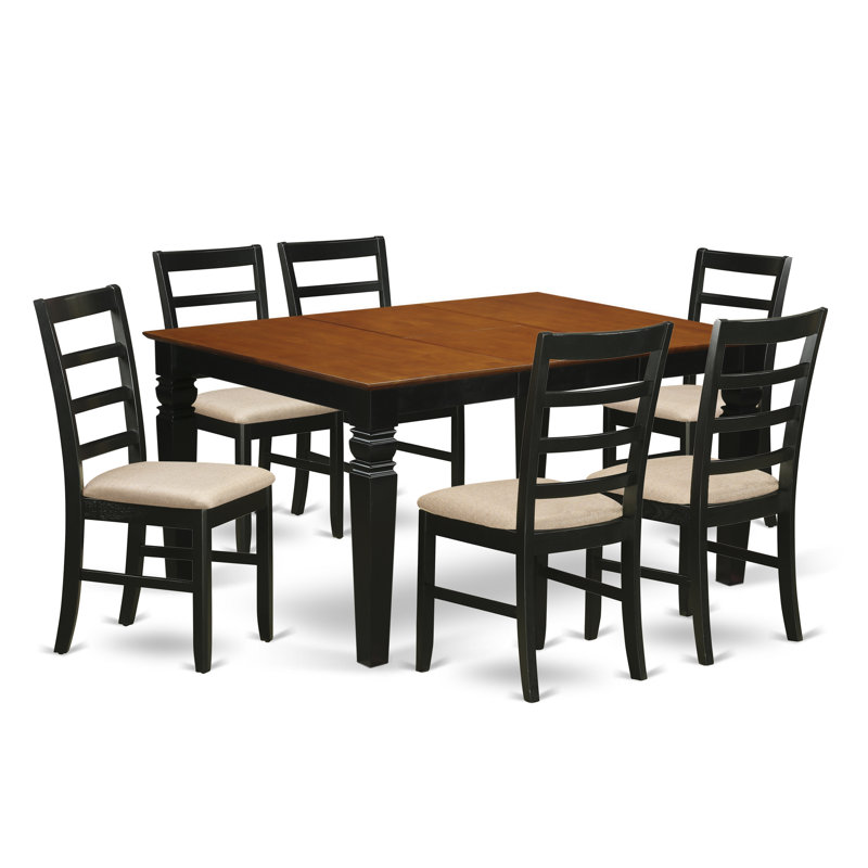 7 Piece Dining Set Consist of a Rectangle Dining Room Table with Butterfly Leaf and 6 Linen Fabric Chairs, Black & Cherry