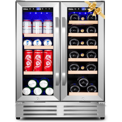 Wine And Beverage Refrigerator, 24 Inch Dual Zone Fridge With Glass Door, Built-In Cooler With Powerful And Quite Cool System/18 Bottles And 88 Cans Capacity Bverage Cooler