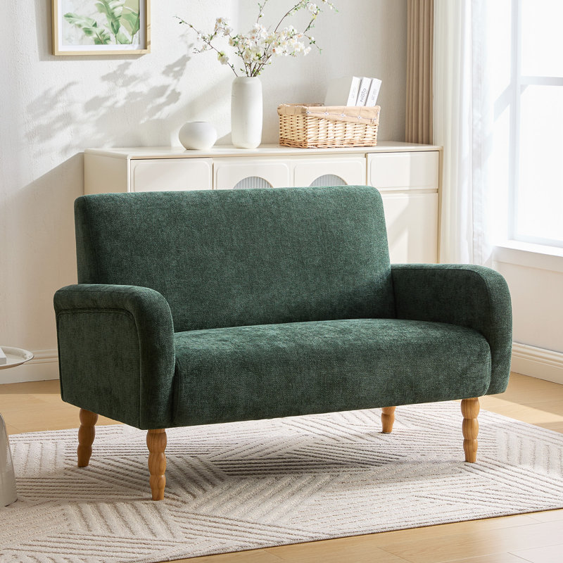 Small 2 Seater Sofa With Solid Rubberwood, Mid Century Modern Fabric Loveseat Sofa for Living Room Bedroom Office, Green