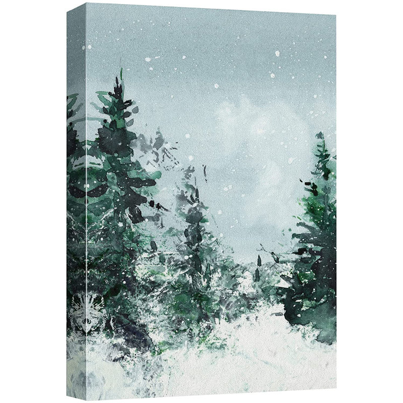 «Woodland Forest Landscape Winter Snow Watercolor Pine Tree Forest Nature», impression sur toile, Toile tendue