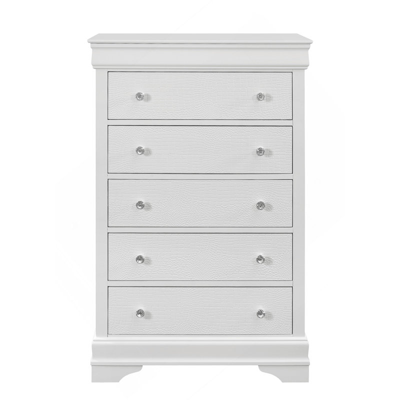 Commode verticale en bois manufacturé avec 5 tiroirs, Blanc