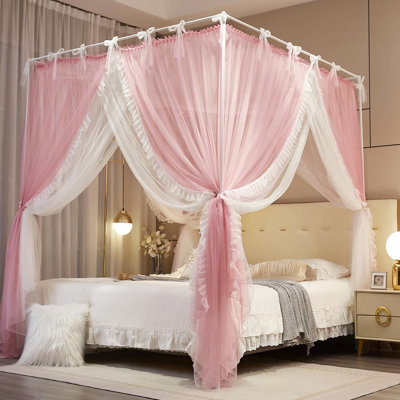 Lit à baldaquin 4 coins avec princesse pour lit à rideaux à lacets et 4 couches de moustiquaire pour fille (rose / blanc, l 59 po x L 82 po x H 82 po)