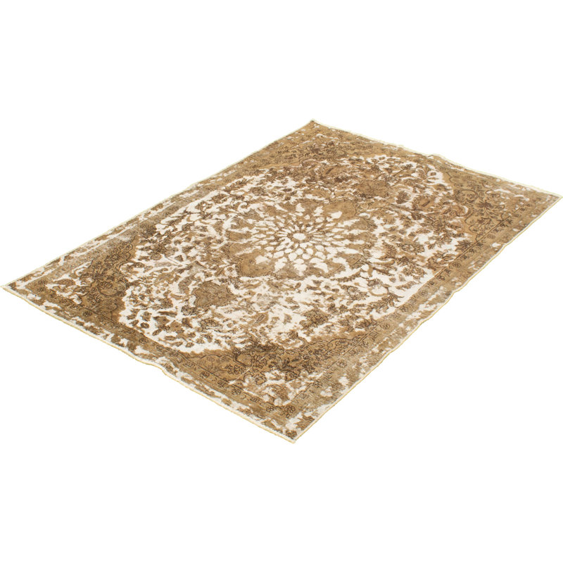 Tapis décoratif en laine brun clair/blanc de conception unique 5 pi 3 po x 7 pi 9 po noué à la main des années 1990