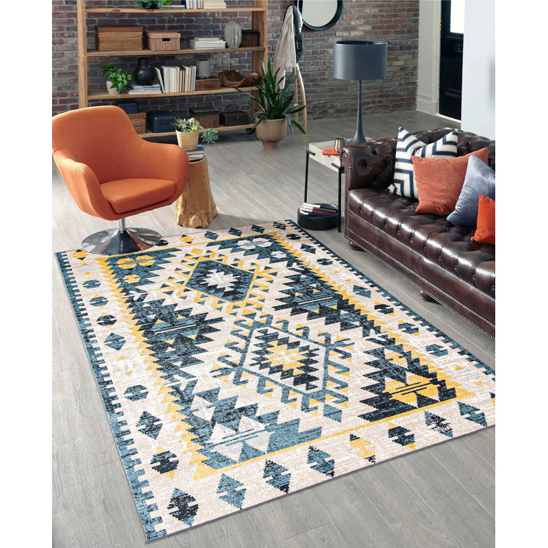Tapis de couloir taupe / bleu en polyester tissé à plat à la machine 2 pi 6 po x 8 pi Areeg, Rectangle 3 pi x 5 pi