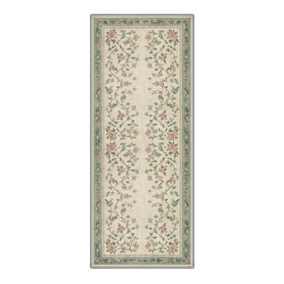 Machine Washable Floral Ivory / Green Hallway Runner With Non-Slip Backing