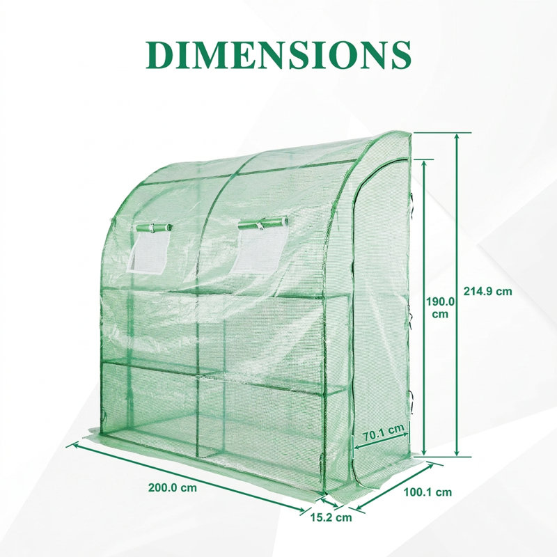 2x1x2m Lean to Greenhouse with Shelves, Green