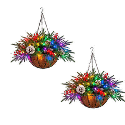 2 Pack Pre-Lit Christmas Hanging Basket with Multicolor LED Lights,Pinecones & Red Berries, Pre-Decorated Winter Holiday Hanging Planter Basket for Front Door Porch Patio Outdoor Christmas Decorations, Set of 2,Battery Is Not Included