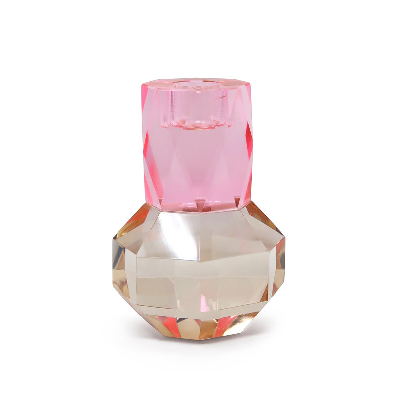 5" Pink And Clear Faceted Crystal Tabletop Taper Candlestick