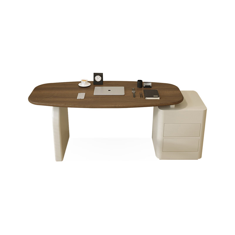 Bureau en bois manufacturé ovale brun noisette + blanc crème avec 2 tiroirs, H 29,53 po x l 55,12 po x P 23,62 po