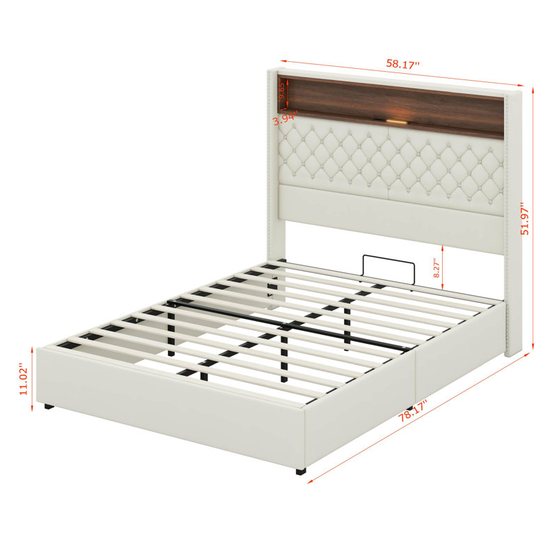 Cadre de lit en velours doux avec veilleuse, tête de lit avec décoration à rivets, Beige, Double