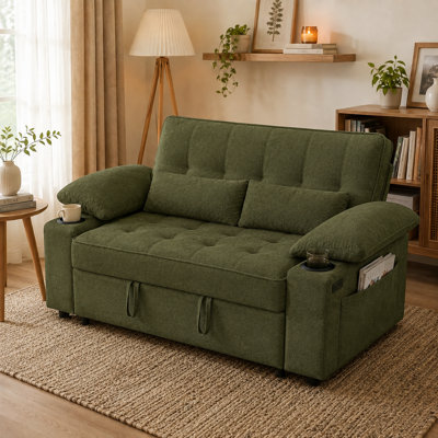 58" Teddy Fabric Convertible Loveseat Sleeper Sofa with Built-in USB & Cup Holders