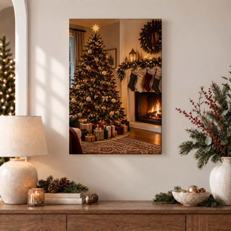 Décoration murale arbre décoré avec cheminée et bas de Noël, H 36 po x l 24 po