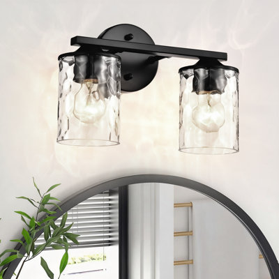  2-Light 13 In. Matte Black Vanity Light With Hammered Clear Glass Shades