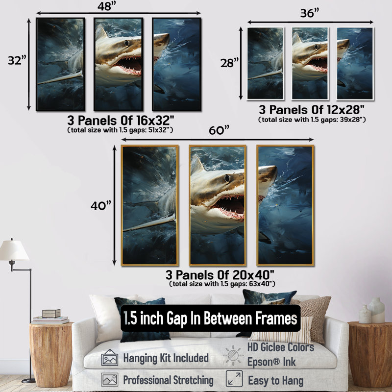Sark Mako Momentum - Shark Wall Art Print Set, Gold Floater Framed, 32" H x 48" W