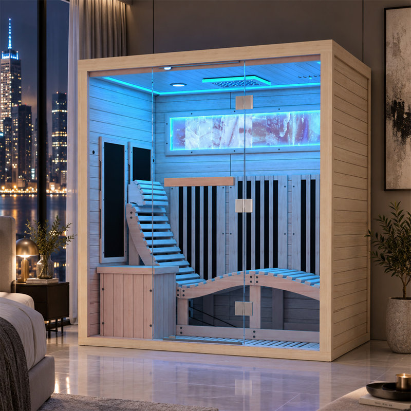 Luxurious 1-Person Infrared Sauna with Red Light Therapy – Wooden Indoor Sauna featuring Comfortable Recliner, 7-Colour Light Strip, Himalayan Salt Bricks, and Oxygen Bar