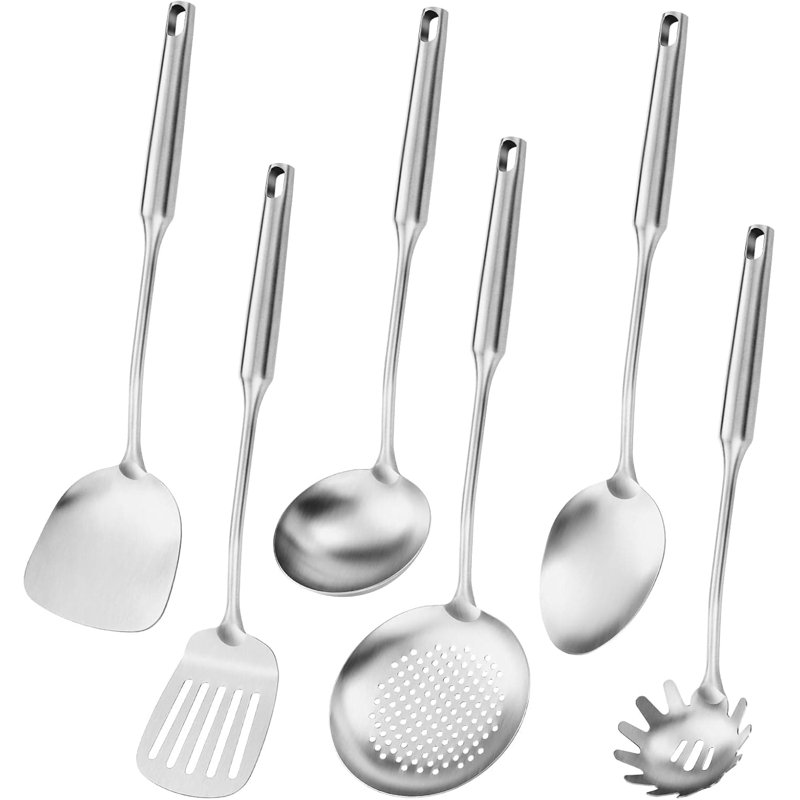 Ensemble d'ustensiles de cuisine 6 pièces en acier inoxydable avec spatule, louche, écumoire, cuillère à spaghetti et cuillère de service - Conception allant au lave-vaisselle et aux poignées ergonomiques
