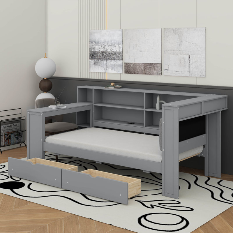Lit plateforme simple avec tablettes de rangement, tiroirs, station de charge, DEL, bureau et tête de lit tapissier, Gris