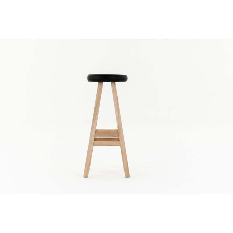 Oki-Nami Upholstered Stool with Solid Wood Frame, Black/Oak