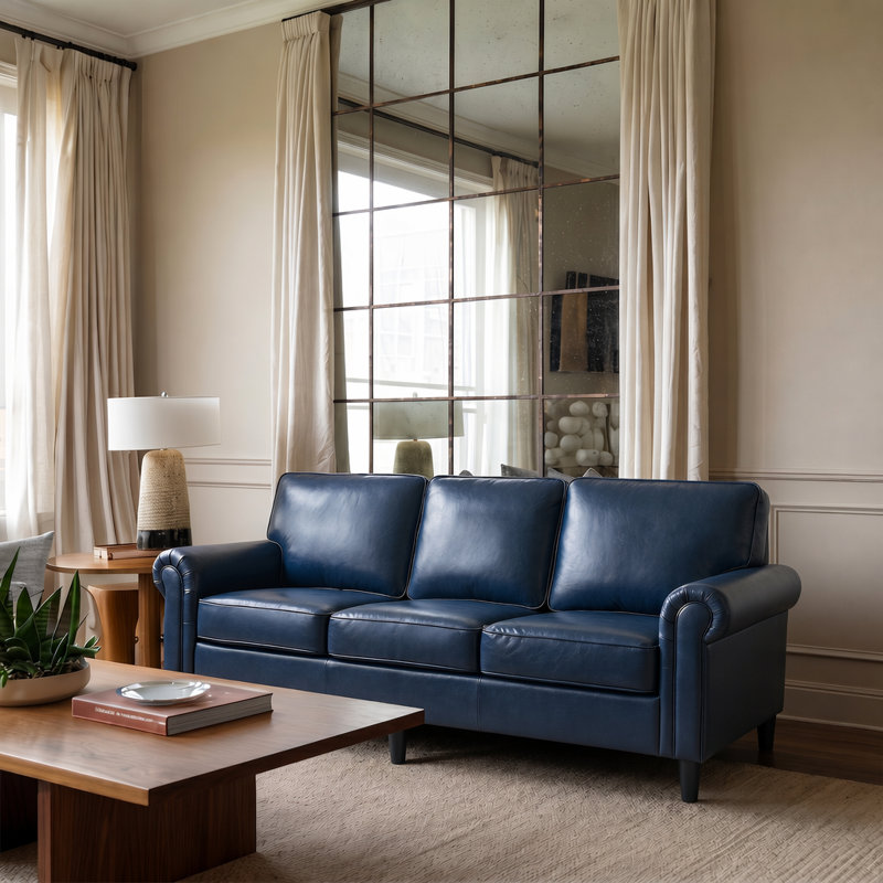 Luelle 82.7" W Chenille Rolled Arm Sofa, Faux Leather / Royal Blue