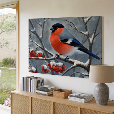Canvas A Close Up Of A Vibrant Bullfinch Perched On A Wall Art Branch Laden With Bright Red Berries Surrounded By A Soft For Modern Canvas Wall Art