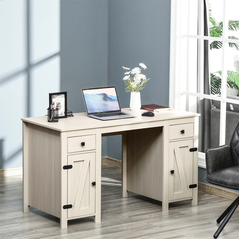 Bureau d'ordinateur de ferme avec rangement, bureau à domicile avec 2 tiroirs et 2 armoires, crème